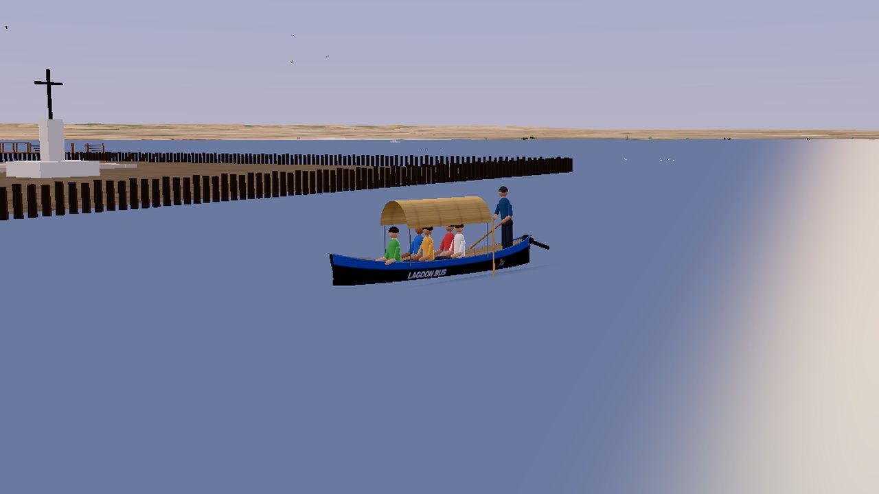 Il sandalo Lagoon Bus con i passeggeri davanti alla croce dell'isolotto di San Clemente, nel giro virtuale sulla laguna di Lesina